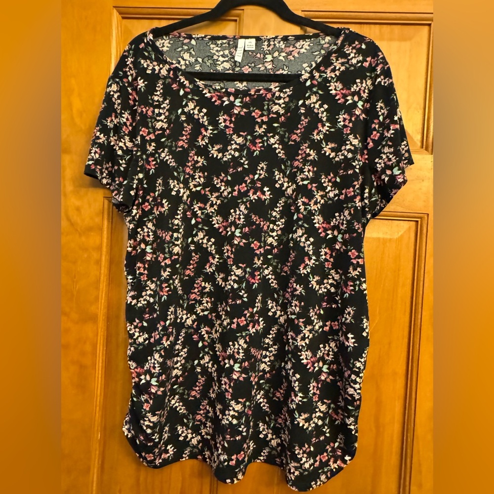 Elle, Floral Short Sleeve Blouse, Rouched Sides, XXL